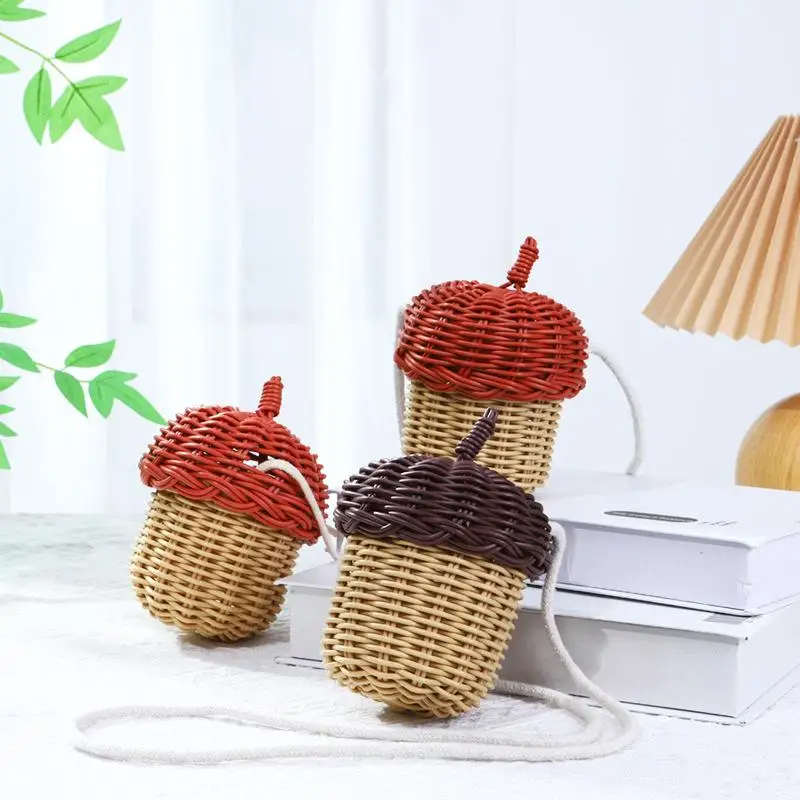 New Acorn-shaped Storage Basket Hand-woven Round Rattan Bag Bucket Tropical Beach Style Woven Shoulder Bag Photo Props