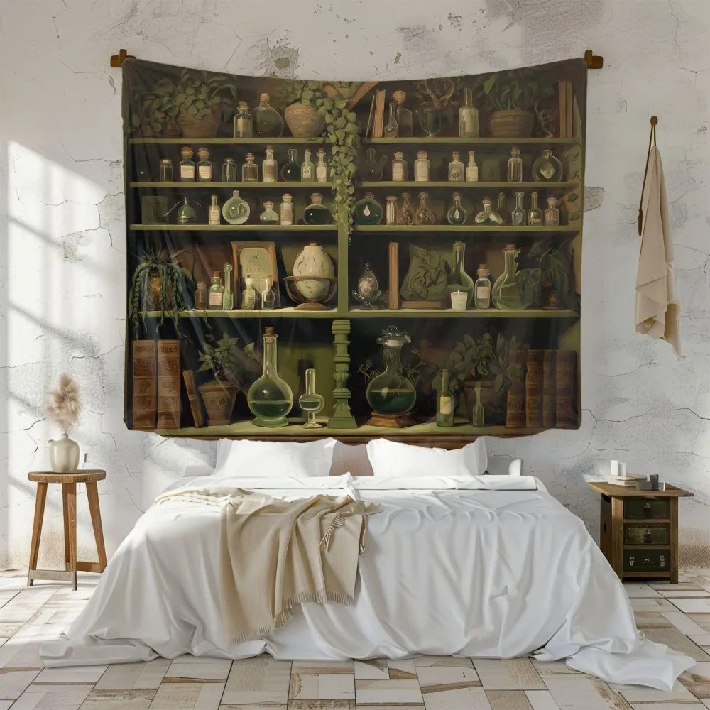 VIKAMA Retro Witch Potion Cabinet Tapestry Forest Dark Green Magic Hanging Cloth Living Room Background Cloth Room Decoration