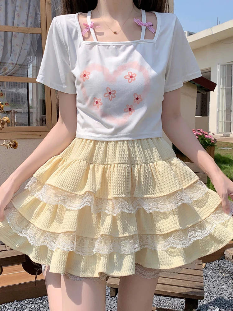 Japanese Sweet Chiffon Lolita Blue Yellow A-Line Mini Skirt Women\'S Spring Summer High Waist Kawaii Ruffles Above Knee Skirts