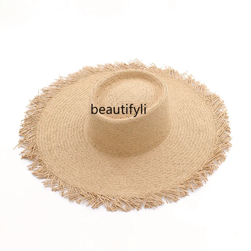 LBX Summer Fashion All-Matching Sunshade Burr Flat Top Big Brim Straw Hat Beach Travel Sun Protection