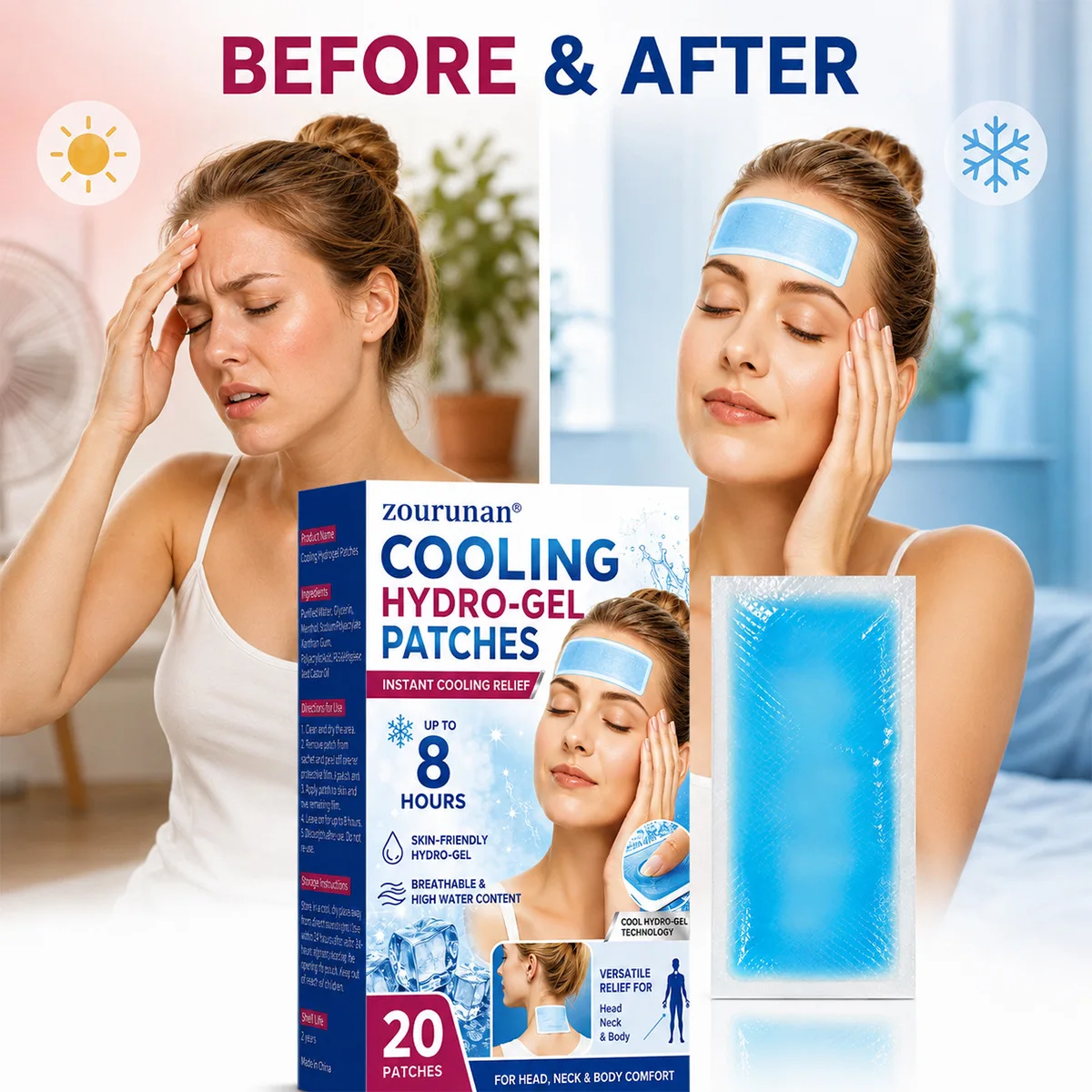 Summer Outdoor Hydrogel Cold Stickers Antipyretic Physical Cooling Neck Stickers Long-Lasting Ice Cooling for Hot Flashes