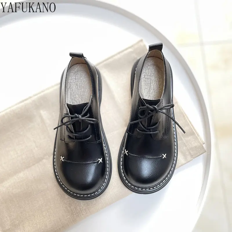 Mori Literary Retro British Style Small Leather Shoes Handmade Big Head Doll Shoes Flat Bottom Lace-up Casual Single Shoes