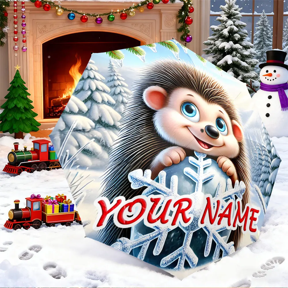 Custom Name Umbrella， Cute Hedgehog with Snowflake in Winter Landscape Design ,Portable Folding Umbrella, Christmas Gift