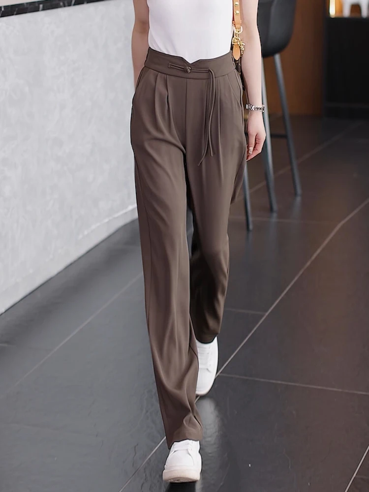 

Ice Silk Tailored Pants Women's Summer Thin High Waist Drapey Straight Leg Pants Korean Style Commute Wind Casual Wear