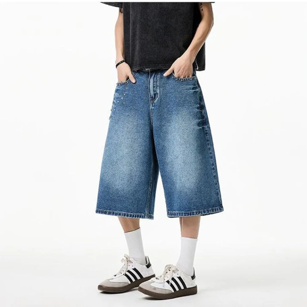 Verão novo masculino cor sólida em linha reta três quartos jeans americano retro moda tendência rua hip-hop solto casual bottoms masculinos