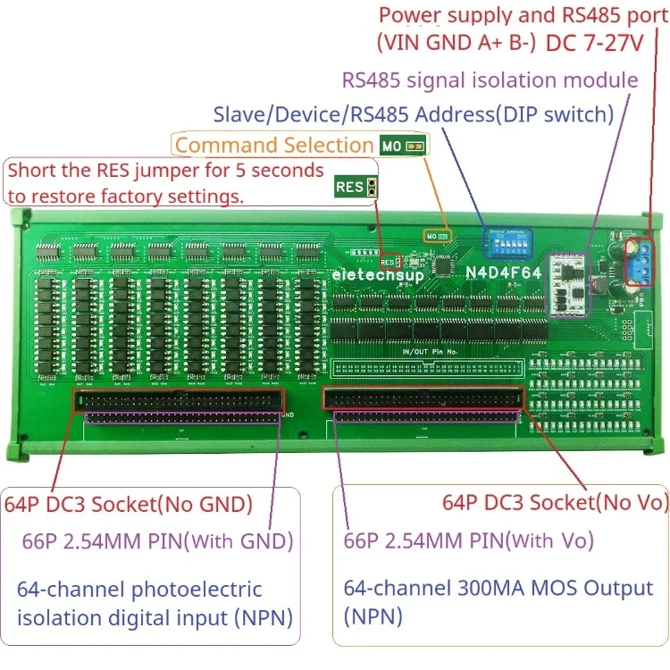 Modbus RTU avec port d'entrée et de sortie, communication d'isolement, quantité de commutateur numérique, PLC IO, 6 000 cartes, NPN, 64DI-64DO, 12V, 24V, RS485