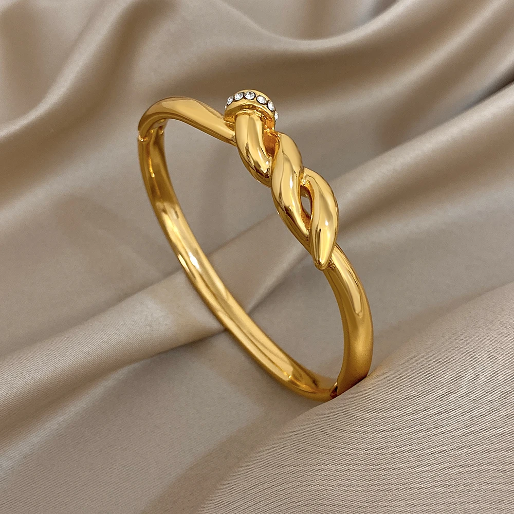 

DODOHAO Fashion Irregular Knot Stainless Steel Bangle Bracelet Women Glossy Gold Color Open Spring Bangle Waterproof Jewelry