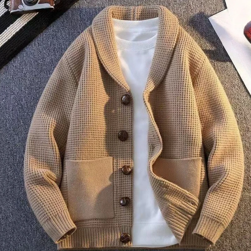 Men Autumn Winter Thick Warm Shawl‑Collar Knit Outerwear, Korean‑Style Loose Retro Trendy Casual Knitted Cardigan Sweater