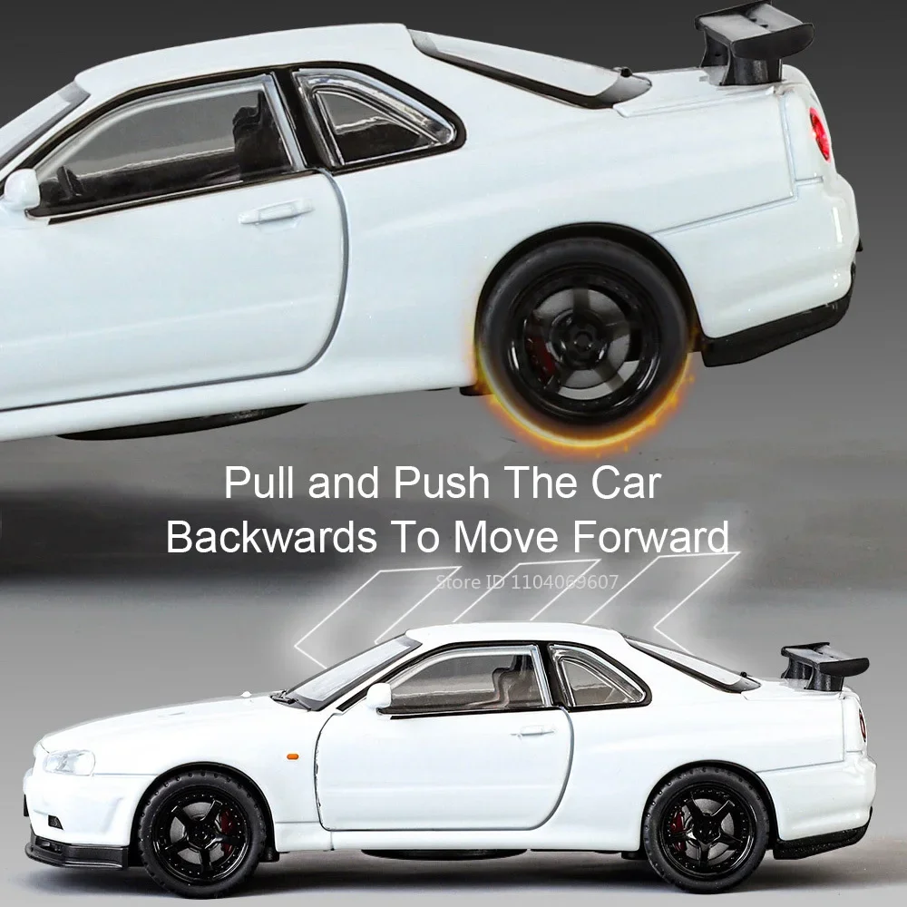 Maßstab 1:32 SKYLINE GTR R34 Sportwagenmodell Spielzeug Metalldruckguss Zurückziehen Supercar-Modelle Sound Licht Ornamente Kinder Erwachsene Geschenke – Detail 10
