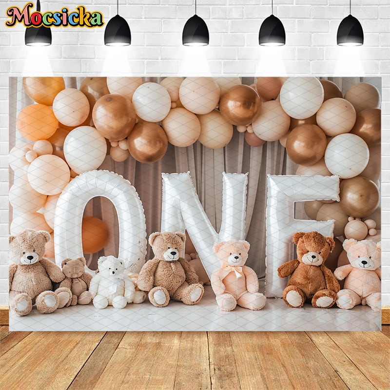 Mocsicka Tło fotograficzne 1st Birthday Party Cake Smash Kids Portrait Decor Tan Bear Balloon Wall Backdrop Photo Studio