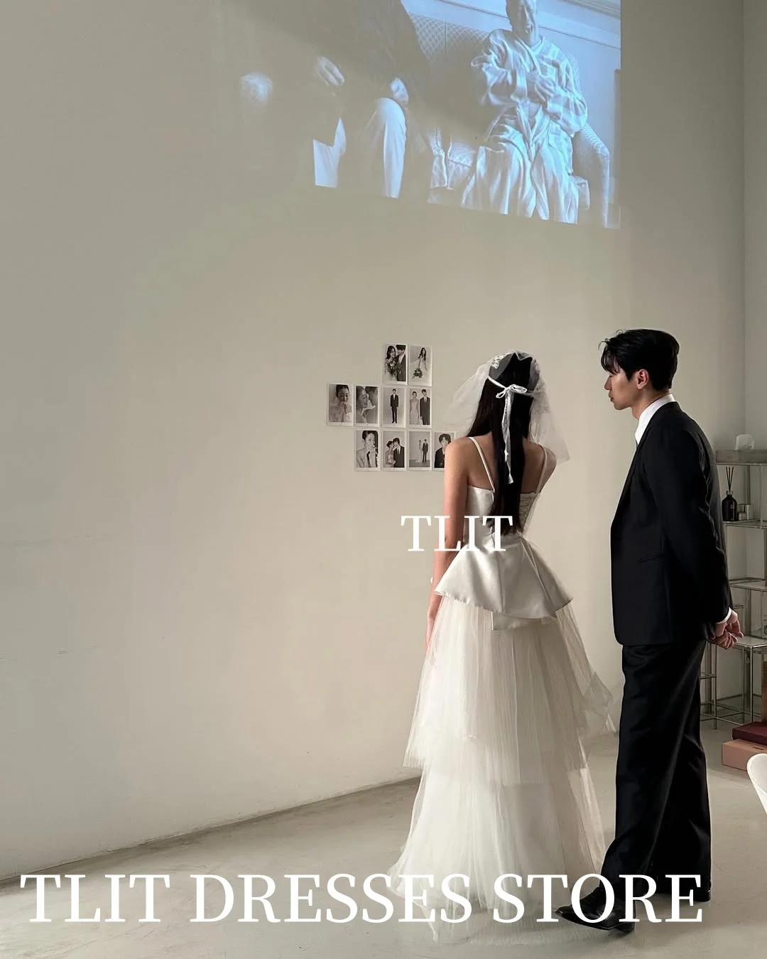 TLIT Elegant Ivory Tulle Satin Tulle Wedding Dress Spaghetti Strap Corset Prom Gown Korea Bridal Dress Photos Shoot Customized