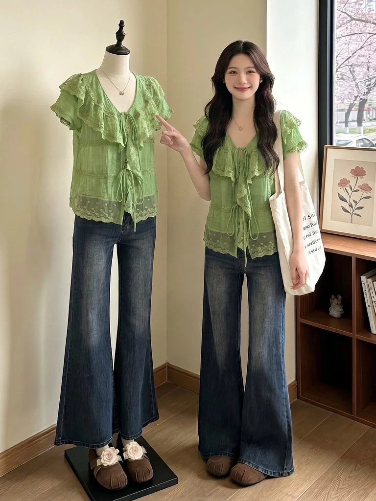 

Green Lace Trim V-Neck Shoulder Shirt Women's Stylish Summer New plus Size Beautiful Top Korean Style Commute Wind Loose Fit