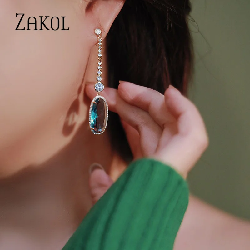 ZAKOL Fashion Long Tassel Dangle Earrings for Women Sea Blue Oval  Zircon Bridal Earring Girls Wedding Party Jewelry 2023 New