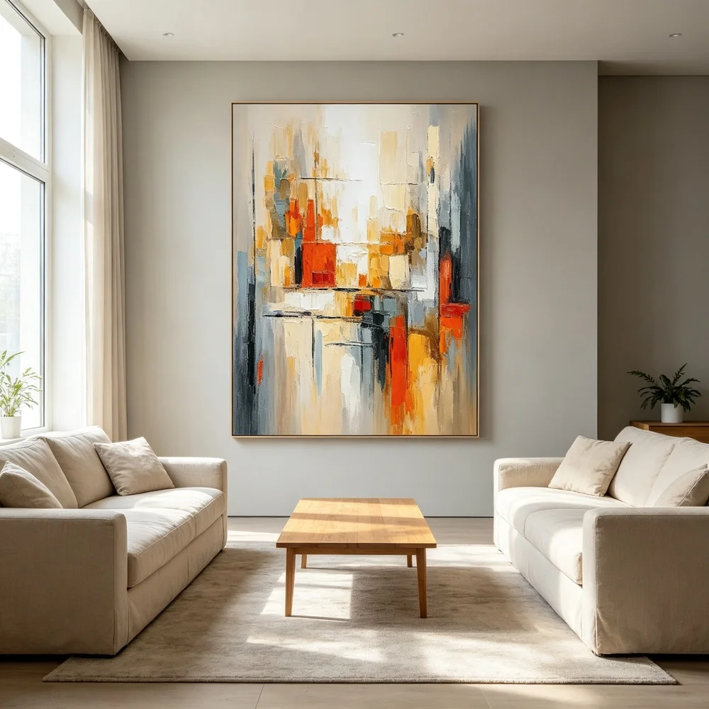 Hand Painted Abstract Oil Painting Original Geometric Minimalist Neutral Textured Canvas Wall Art Home Living Room Bedroom Decor