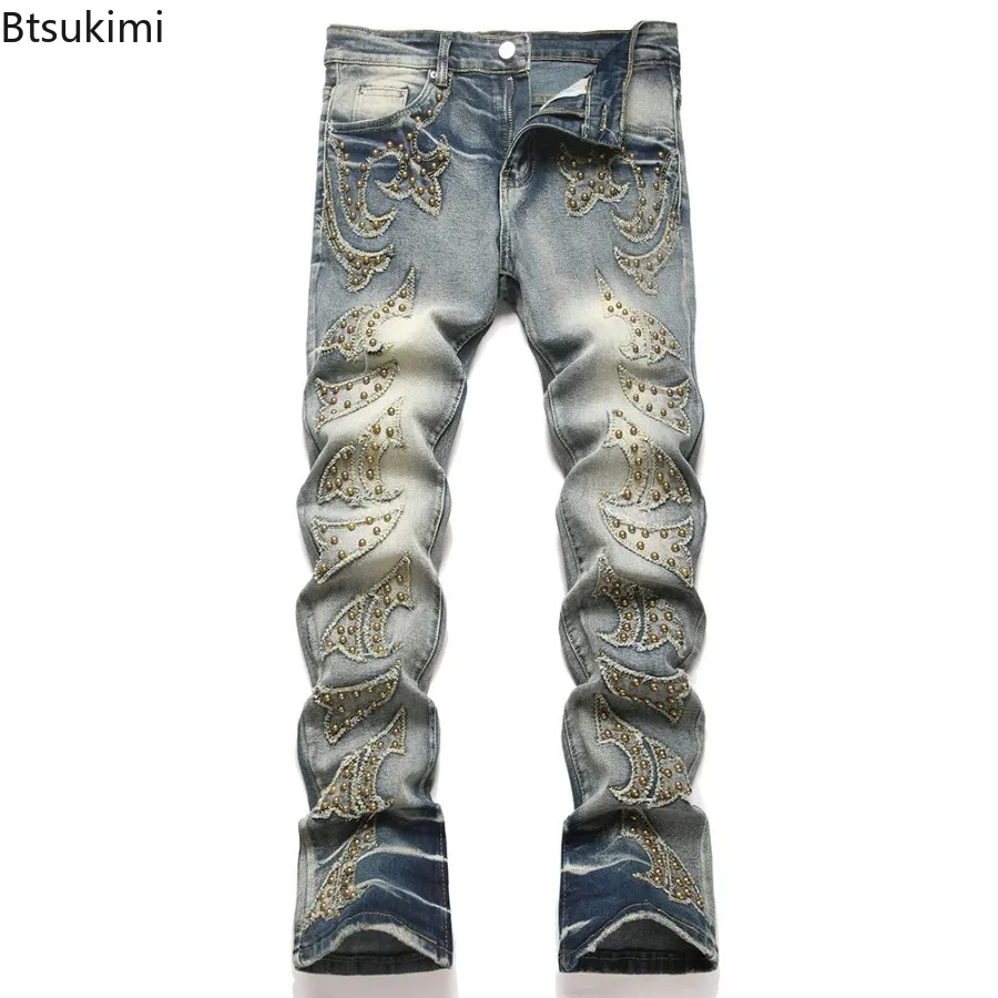 2026 New Men's Fashion Slim Boot Cut Denim Jeans Man Punk Rivet Patch Stretch Pants Blue High Street Flared Trousers Streetwear