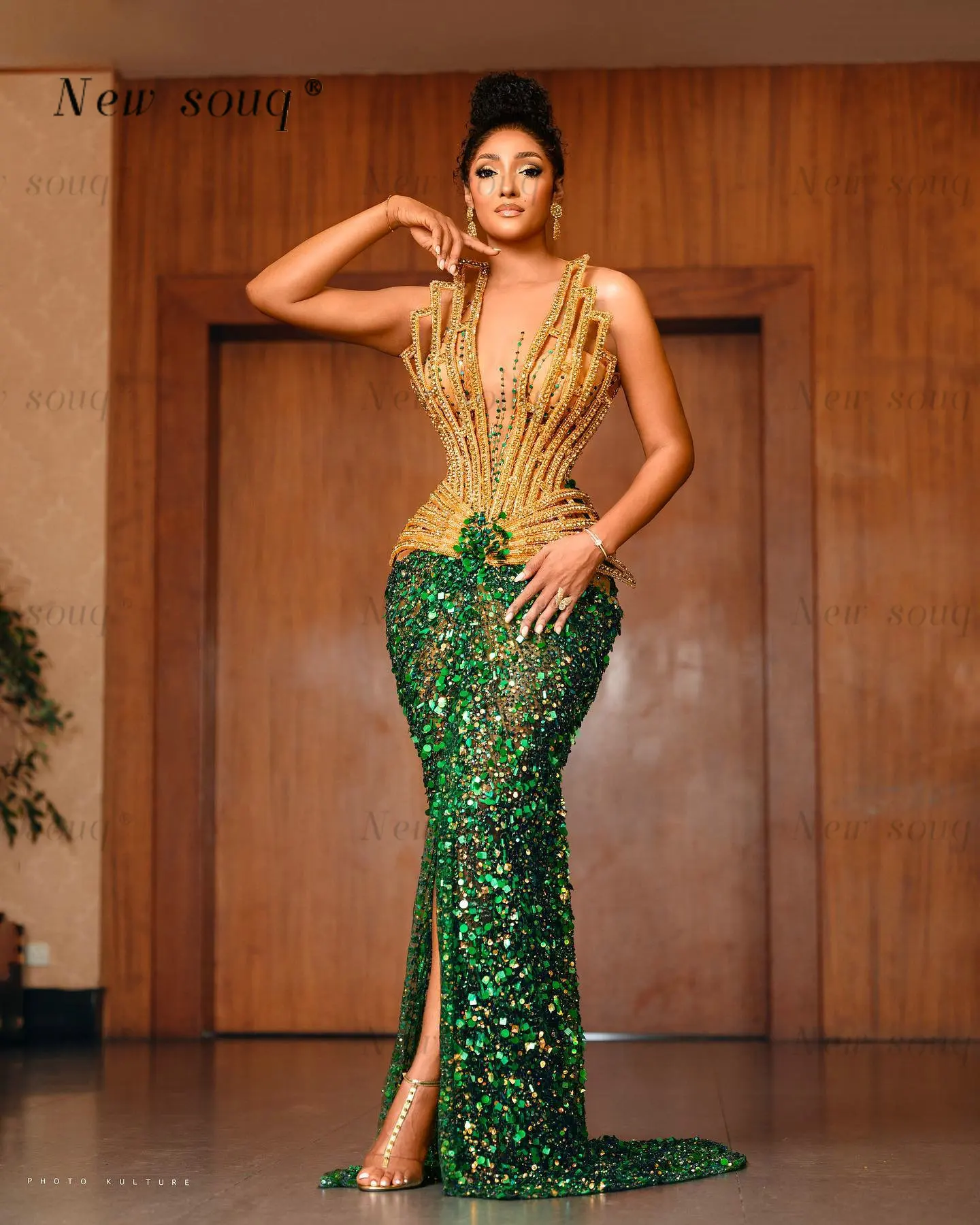 Chique aso ebi sexy ouro & verde lantejoulas vestidos de noite com fenda alta africano brilhante vestidos de festa para meninas negras personalizado