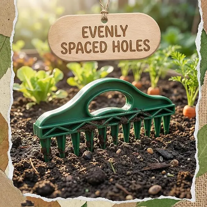 12-Hole Seed Planter Tool for Raised Beds & Pots - Fixed-Spacing Garden Dibber, Hand-Depth Control (Solid 190g)