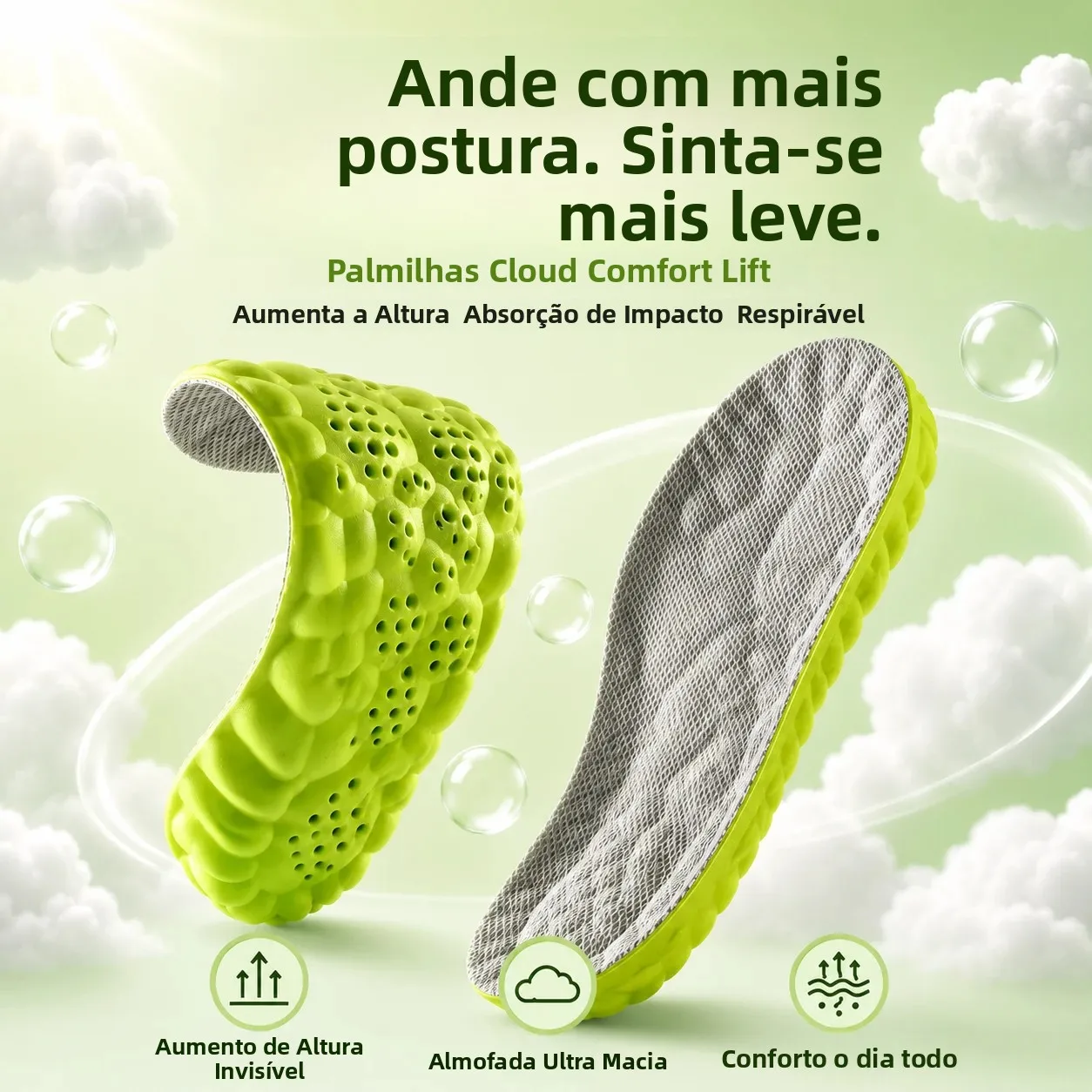 Palmilhas Esportivas 4D Cloud com Amortecimento de Ar PU, Respiráveis, Absorção de Impacto, Aumento de Altura para Tênis Masculinos e Femininos para Corrida e Caminhada