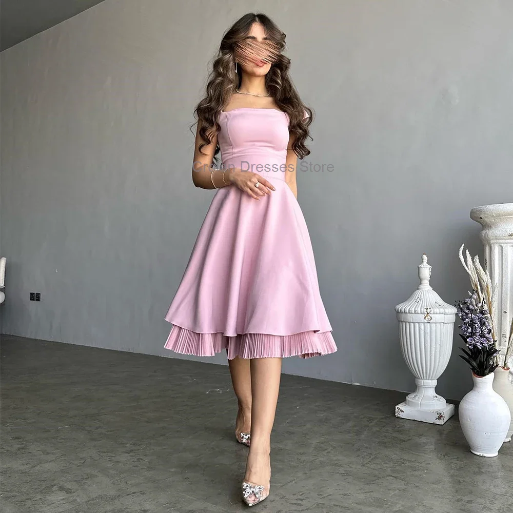 

Pink Cap Sleeves Short Evening Dress Saudi Arabia A-line Pleats Square Collar Tea Length Formal Party Prom Gowns Custom Made