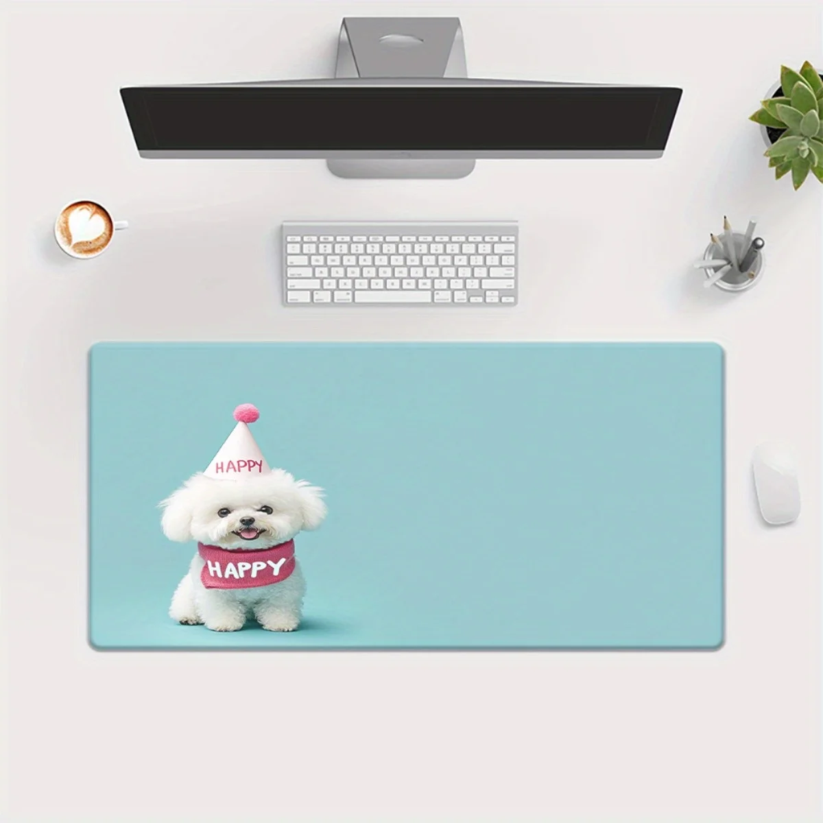 Happy Dog Birthday Party Hat Cute Animal XXL Mousepad Rubber Gaming Keyboard Desk Mat for Office PC
