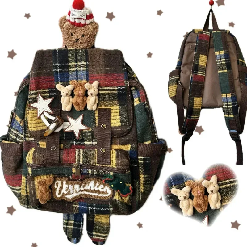 Bear Schoolbag Y2K English Stripe Splicing Vintage Plaid Patchwork Autumn Winter High Street Plaid Casual Unisex Backpack New