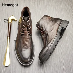 Coffee Color Lace-Up Cowhide Boots Men's Leather Boots Black Leather High Top Thick Sole Non-Slip Business Casual Fashion Boots