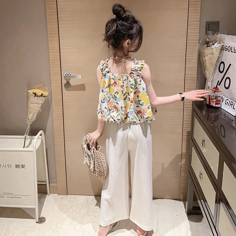 Classical Girls Summer 2-Piece Set Sleeveless Vest And Pants Outfit Princess Style Floral Printed Daily Wear for Ages 4-14Years