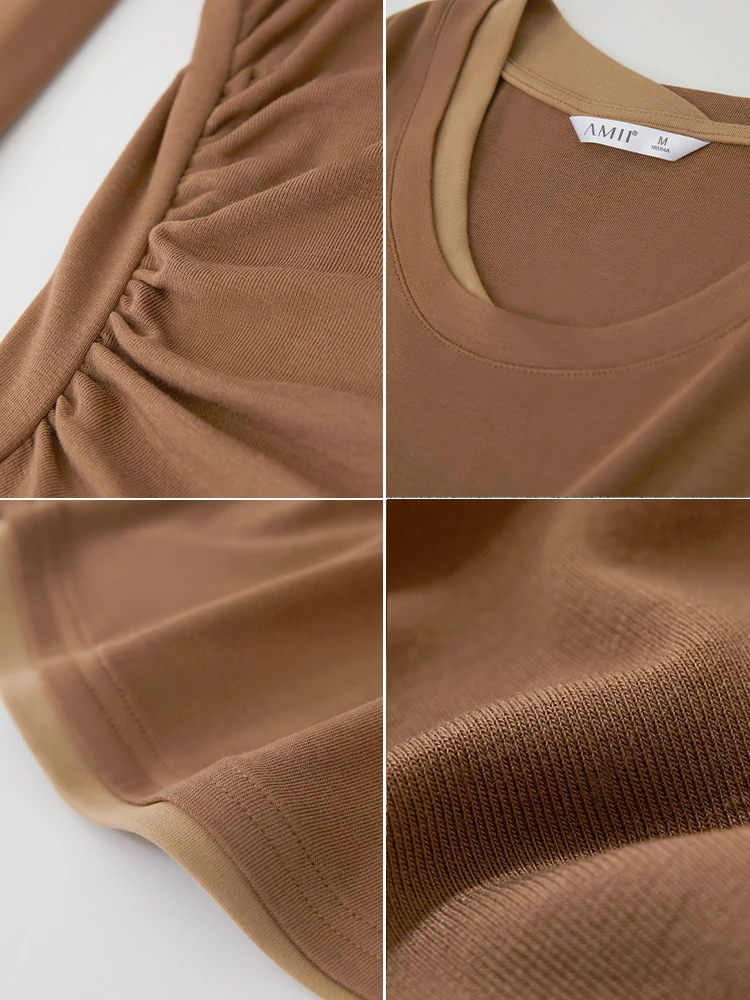 Amii Minimalism 2024 Autumn New Crew-neck T-shirts For Women Fake Two Patchwork Basic Long-sleeve Casual Female Tops 12443020