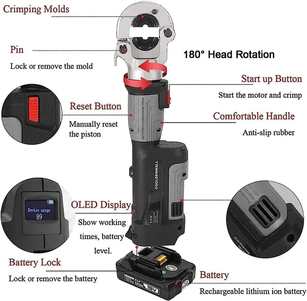 Electric Hydraulic Crimping Pliers Tool Set 18v/1.5ah Rechargeable 16-300mm² Battery Powered Hydraulic Cable Lug Crimping Tool