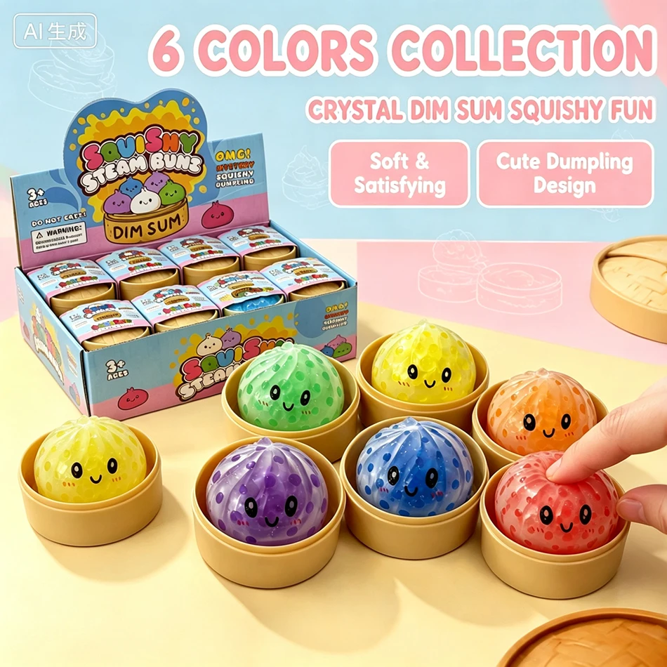Cute Smile Face Steamed Bun Squishy With Mini Steamer Colorful Bead Transparent Squeeze Ball Stress Relief Sensory Fidget Gift