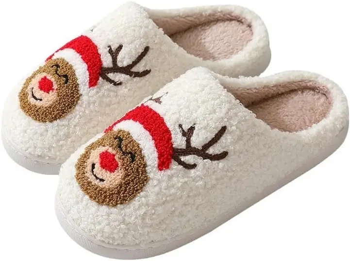 

Unisex Xmas Elk Shoes Santa Reindeer Cute Strawberry Cartoon Christmas Tree Pink Bow Memory Foam Soft Plush House Slippers