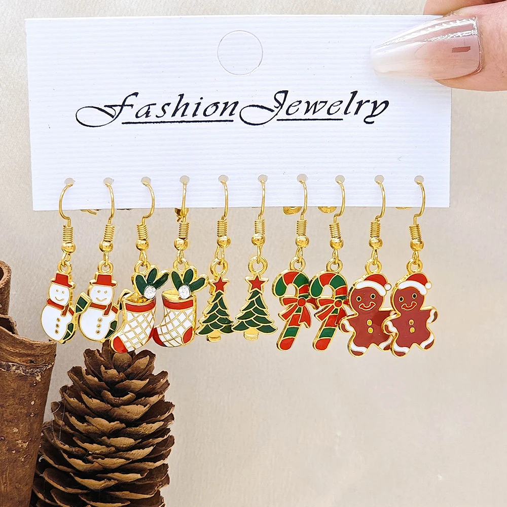 10PCS Christmas Earrings Set Hot Selling Cartoon Dripping Oil Elk Santa Claus Tree Winter Jewelry Party Gifts for Women Girls