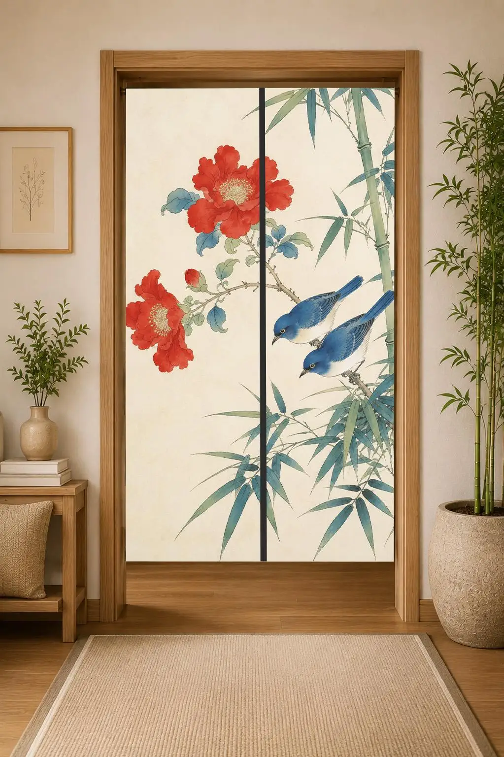 Elegant Chinese Style Decorative Room Curtain Panel with Red Peonies and Blue Birds for Home Interior Decor