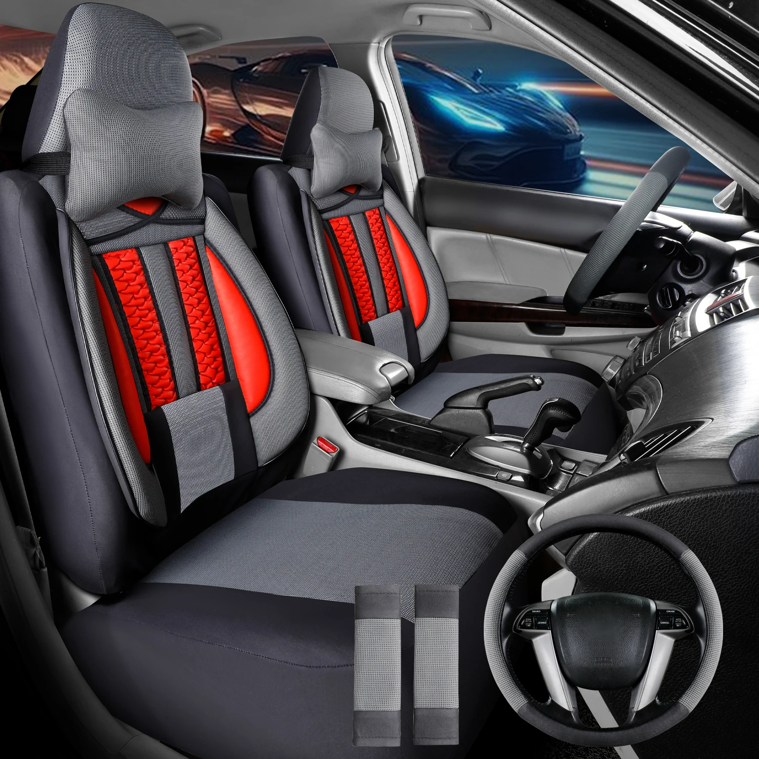 General Seat Cover, Universal Elastic Fabric, All-season, Breathable and Wear-Resistant Floor Mat, Five-Piece