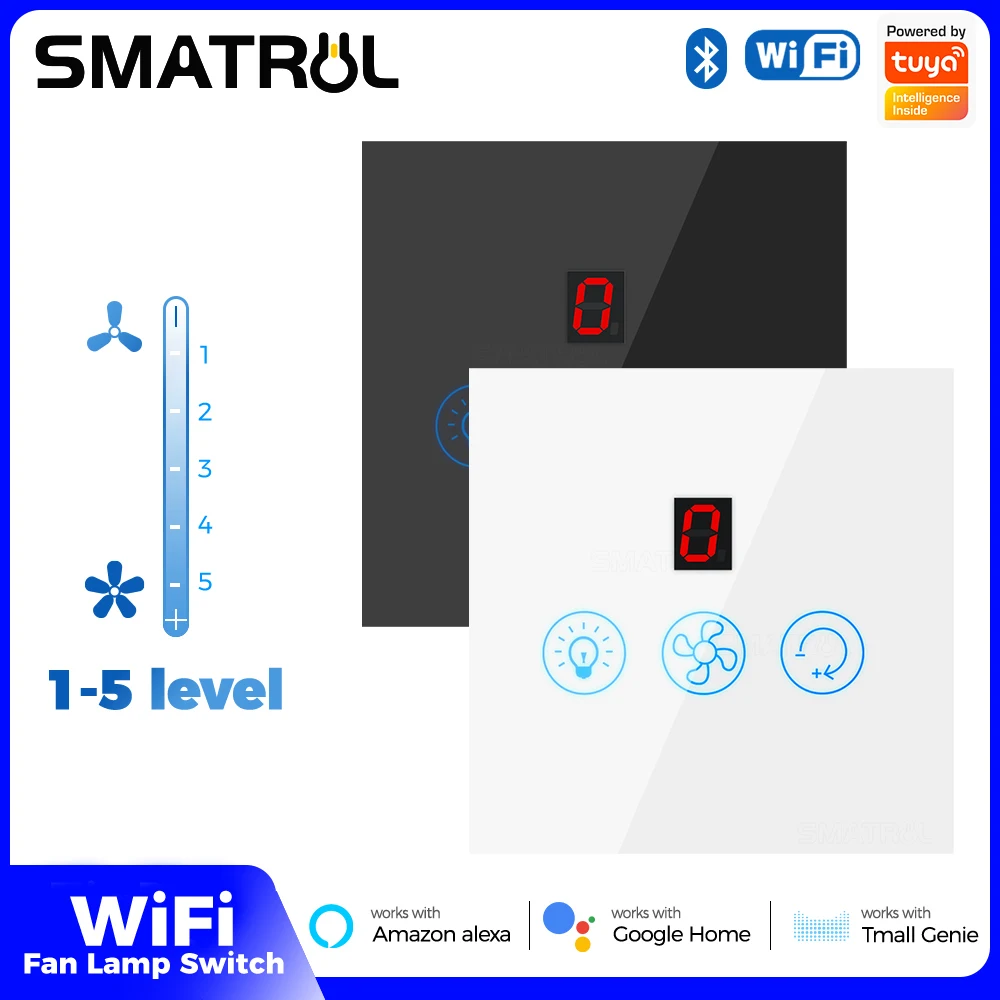 

Bluetooth Wi-Fi Двухрежимный умный выключатель света Таймер обратного отсчета Управление скоростью потолочного вентилятора Настенный выключатель ЕС Работает с Alexa Google Home