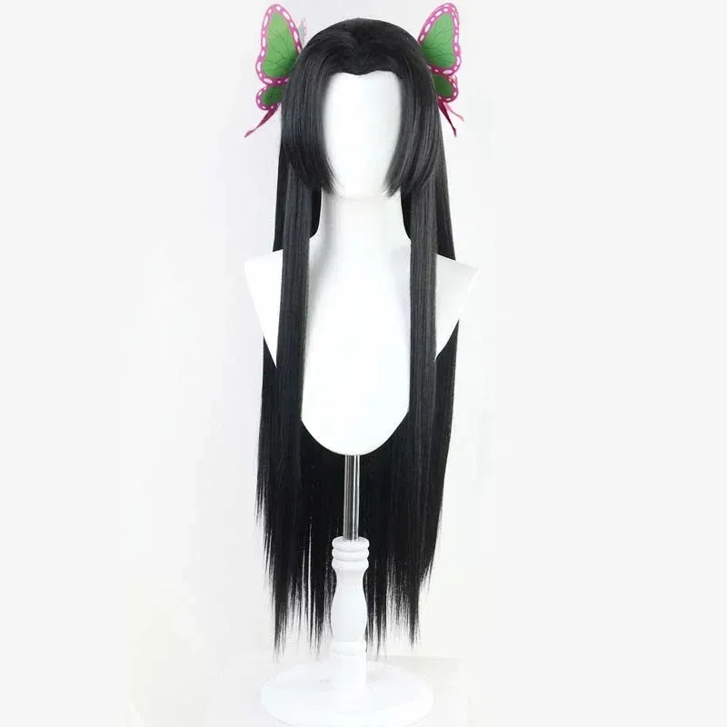 Kochou Kanae peluca Anime Demon Slayer Cosplay Kimetsu no Yaiba peluca pelo largo negro sombreros de mariposa mujeres pelucas de Halloween Propaa