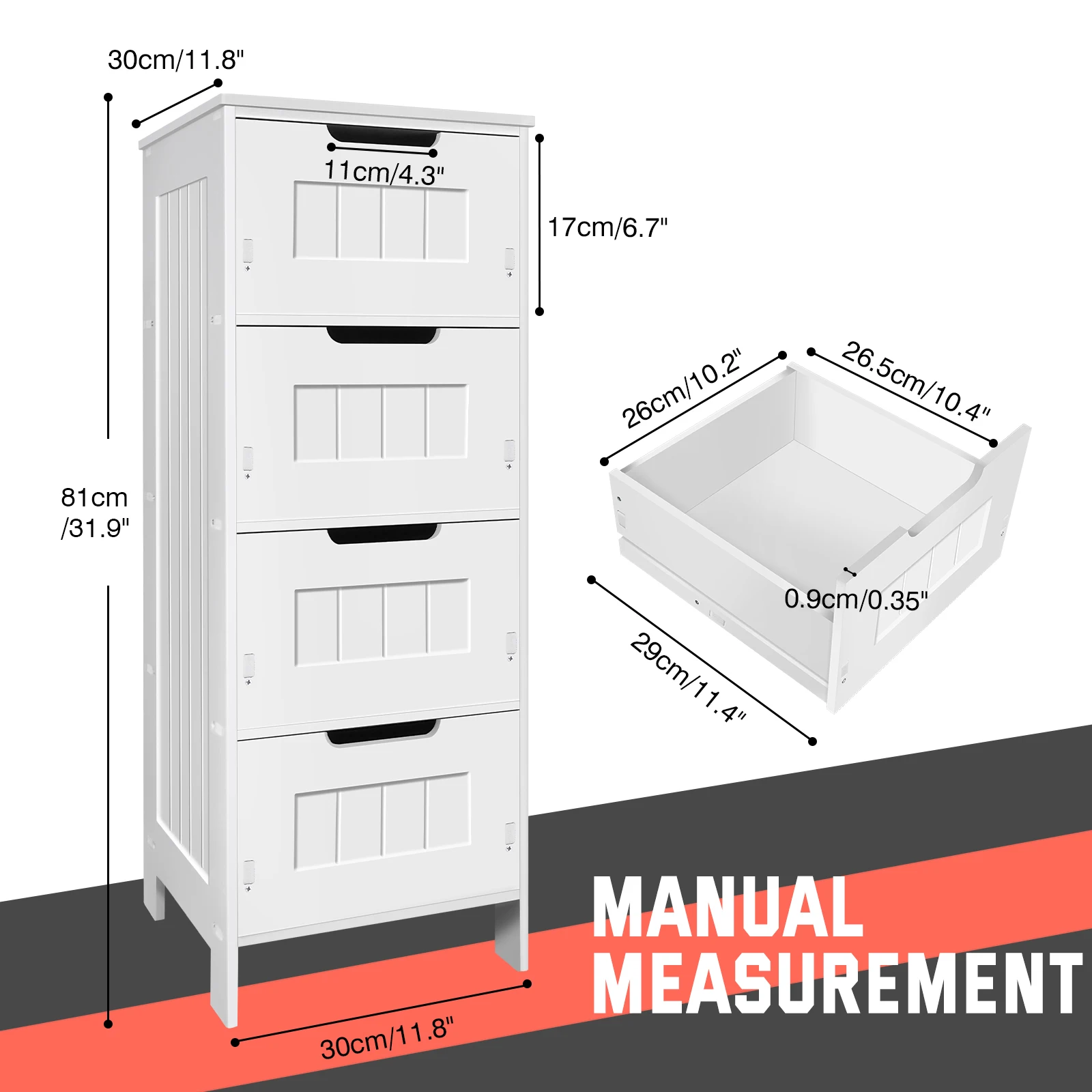 Bathroom Storage Cabinet Floor Standing with 4 Drawers, PVC Modern Style Bedroom Floor Cabinet, 30 x 30 x 81 cm, White