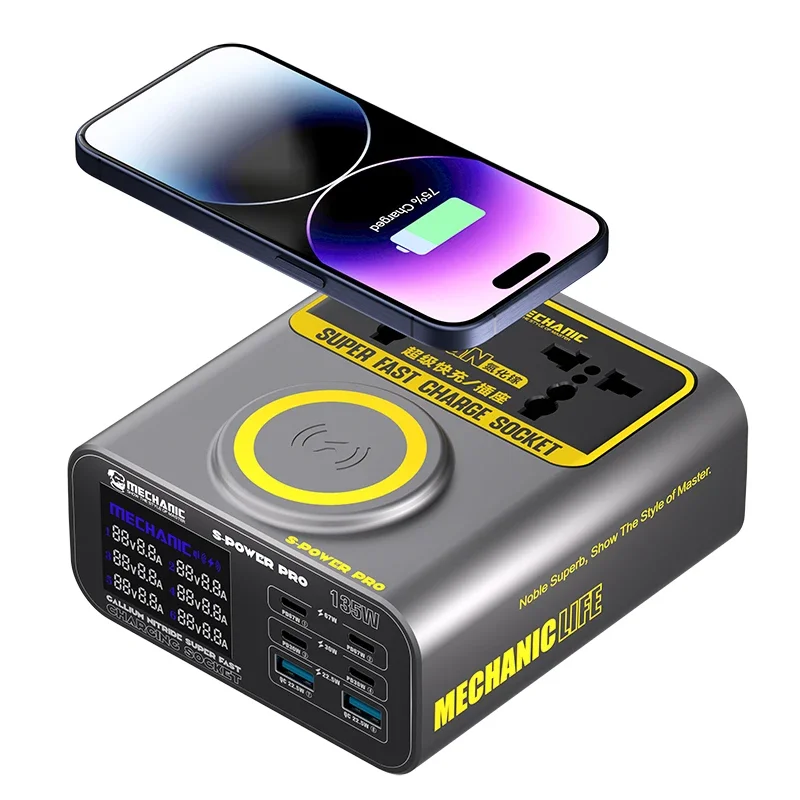 Super Fast Charger MECHANIC S-POWER PRO Gallium Nitride Super Fast Charging Socket QC3.0 USB Ports PD Port Wireless Charging