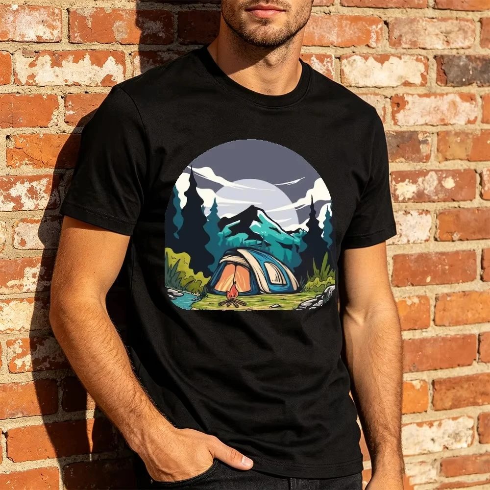 Midnight Moon Tent Campfire Graphic T Shirt Men Peaceful Night Landscape Top Summer Glamping Nature Escape Clothes Tops