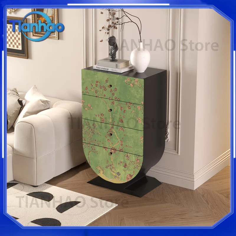 Vintage French Medieval Style Solid Wood Chest of Drawers with Flower and Bird Motif for Entrance Hall Living Room or Sofa