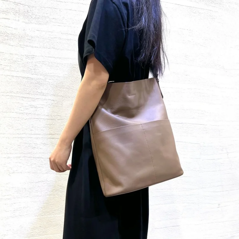 Handmade 100% Natural Cowhide Leather Bucket Handbags For Women 2024 New Large Capacity Commuter Shoulder Crossbody Bag Totes