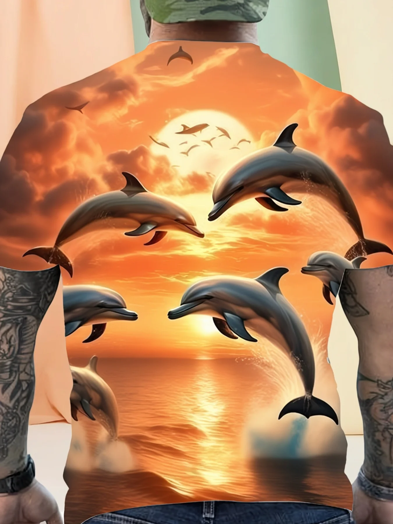 Men's Crew Neck Tee 3D Sunset Ocean Jumping Dolphin Sea Print Casual Tops