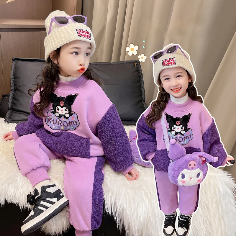 Sanrio Kuromi Girls' Cotton Suit Set Autumn/Winter Children's Hoodies Sportswear Three Layer Cotton Clip Thickened Two Piece Set