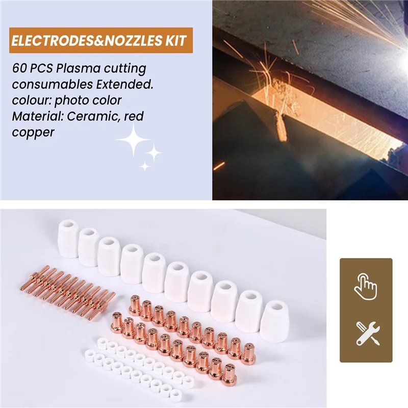 

ABFI 60 шт./компл. + красный медный воздушно-плазменный резак, расходные материалы, насадки с удлиненным наконечником, электрод для PT31 LG40, горелка CU