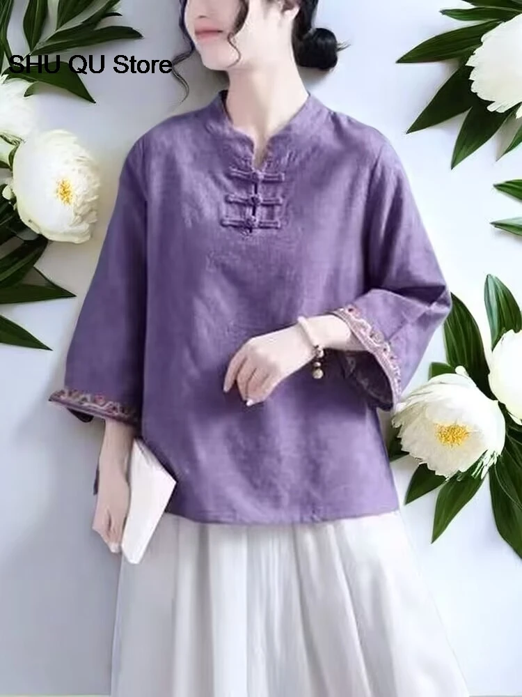 Camisa chinesa de terno Tang para mulheres, blusa vintage, tops femininos Hanfu, estilo nacional, bordado elegante tradicional, solto, plus size, 2XL