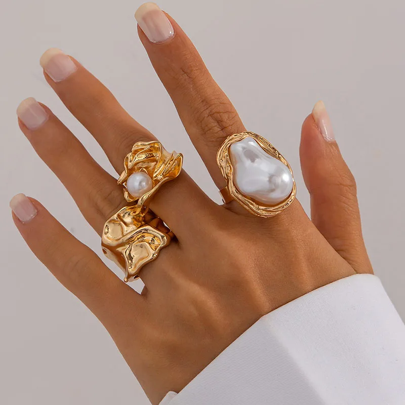 3Pcs/set Gold Silver Color Irregular Pearl Open Rings for Women Exaggerated Vintage Metal Folds Thick Chunky Ring Jewelry Gifts