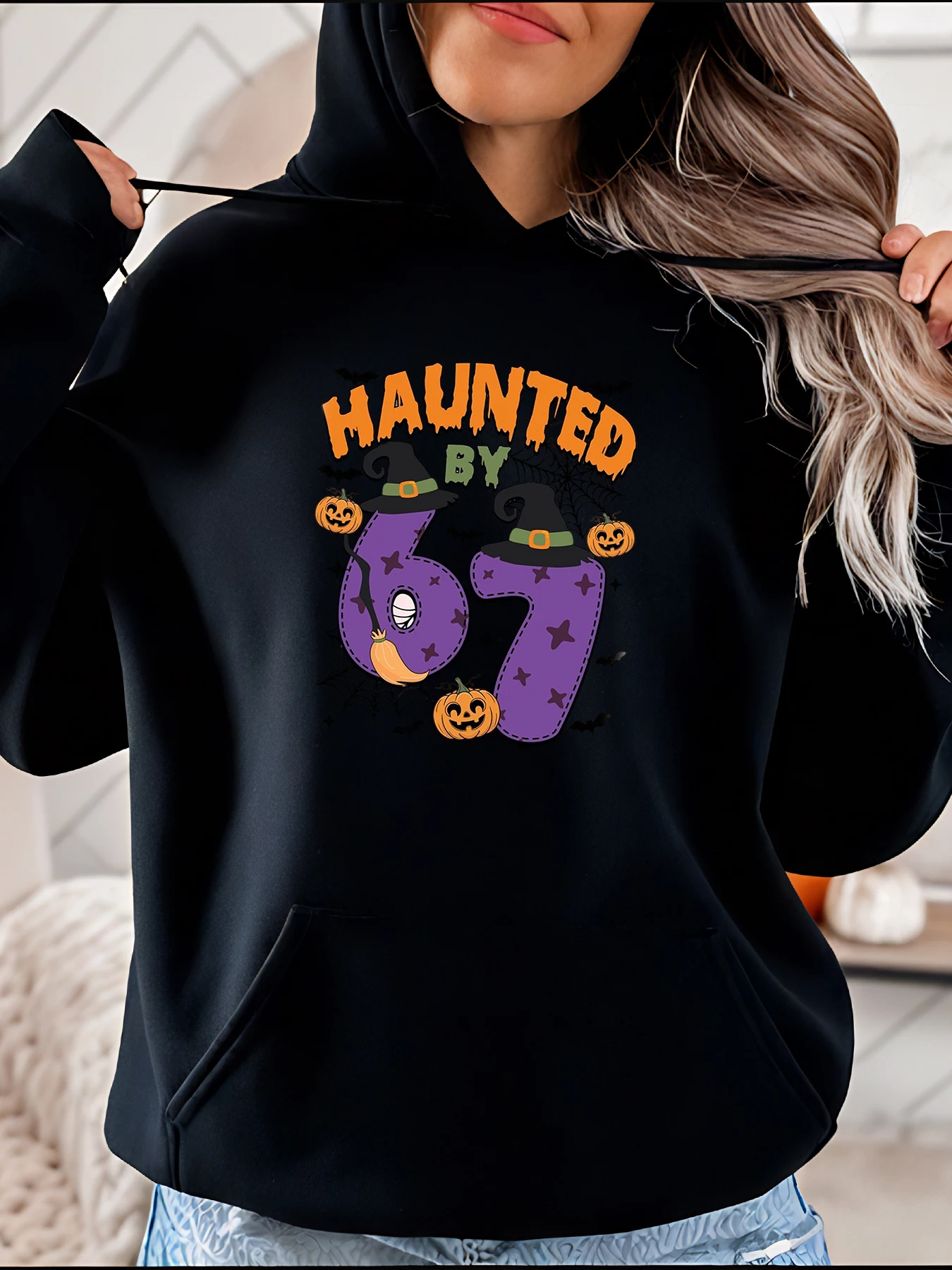 

Halloween Hoodie Haunted by 67 Witch Pumpkin Print Women's Casual Autumn Sweatshirt for Party Costume