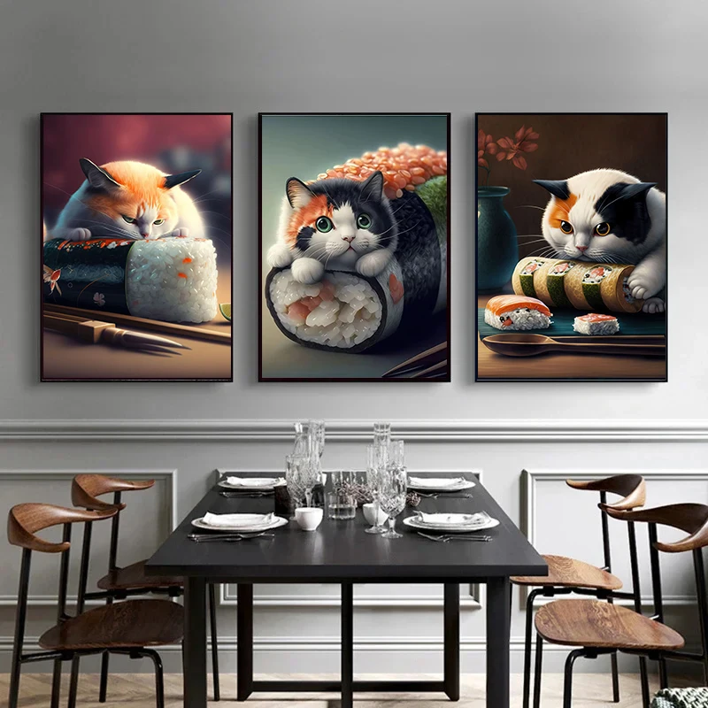 Japan Salmon Sushi Poster Prints For Kitchen Home Decor Cute Japanese Food Illustration Canvas Painting Wall Art Aesthetic