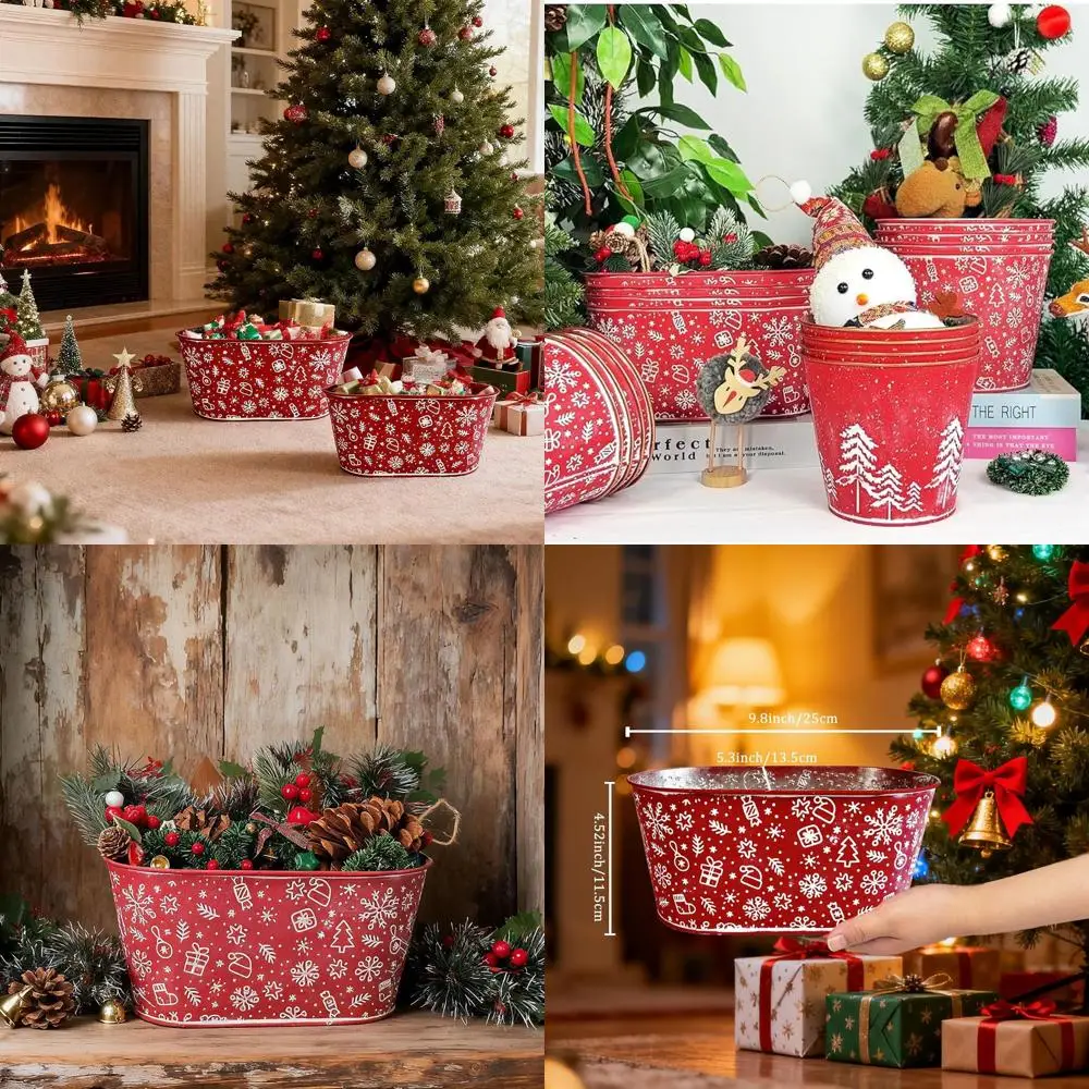 

Set of 4 Vintage Metal Christmas Tins for Festive Table Decor, 9.8 Decorative Planter Pails, Ideal for Candy and Gifts, Rustic F