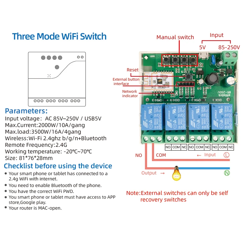 eWelink 4 Channel Smart WiFi 85-250V Switch, Free APP Remote Control ,Bluetooth, Inching ,Self-lock ,Inter-lock,Works with Alexa